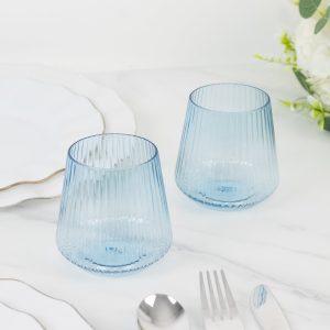 12-Pack Plastic Stemless Wine Glasses – 12oz Transparent Dusty Blue Ribbed Design, Reusable Shatterproof Cocktail Tumblers